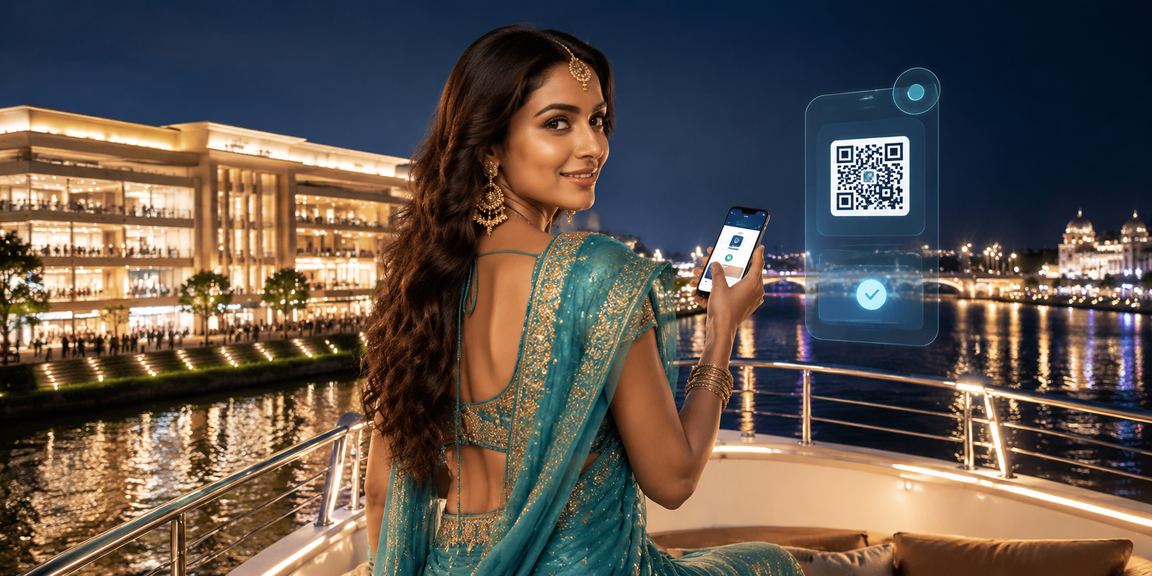 Indian woman using smartphone mobile payment in Delhi city street