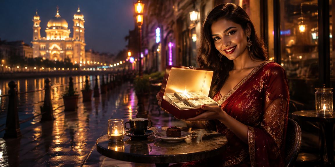 Lucknow old city neon lights near entertainment and casino venues at night